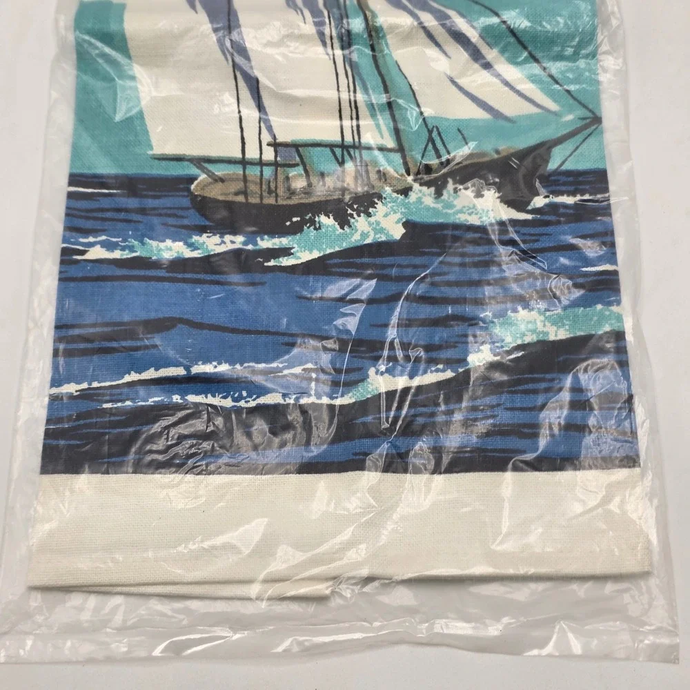 Kitchen Towel Vintage MCM Coastal Blue Sailboat Lighthouse Beach Decor NOS